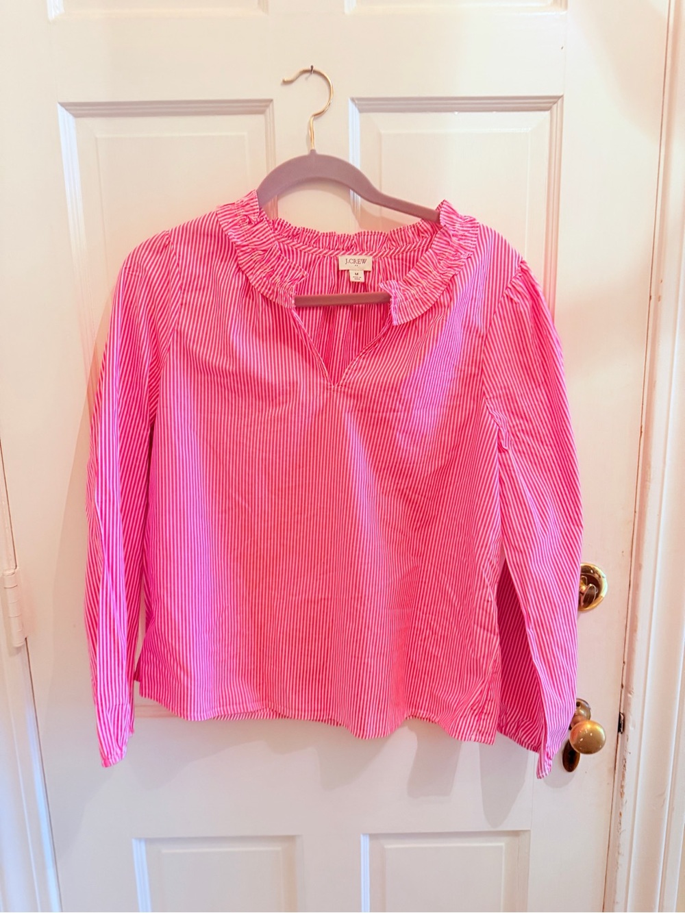 J. Crew Reddish/Pink and White Striped Ruffle Collar Blouse